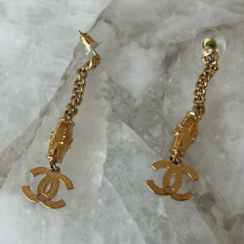 Gold Chanel Logo Drop Earrings - Picture 2 of 4